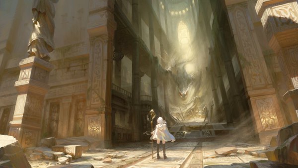 Anime picture 7680x4320 with original void 0 (artist) single long hair highres wide image standing holding absurdres full body white hair wind from behind sunlight light fantasy ruins architecture girl thighhighs