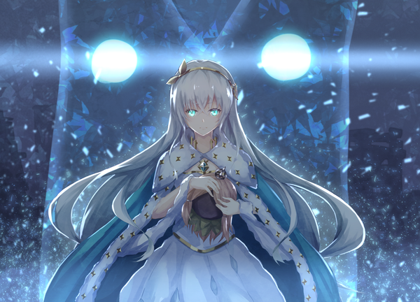 Anime picture 2460x1771 with fate (series) fate/grand order anastasia (fate) viy (fate) flugel (kaleido scope-710) single long hair looking at viewer fringe highres blue eyes hair between eyes standing holding payot silver hair outdoors wind fur trim glowing