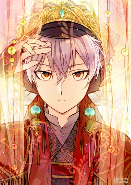 Anime picture 1000x1414 with original matsunaka hiro single tall image looking at viewer fringe short hair hair between eyes signed yellow eyes silver hair upper body traditional clothes arm up portrait boy headdress curtains tulle