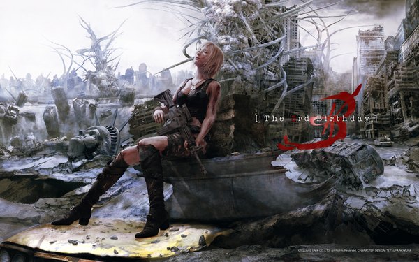 Anime picture 1920x1200 with parasite eve (game) the 3rd birthday (game) aya brea highres short hair blonde hair wide image eyes closed city ruins 3d girl weapon gun thigh boots