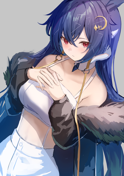 Anime picture 1191x1684 with virtual youtuber cloud9 vienna (vtuber) takashima shoa single long hair tall image fringe simple background hair between eyes red eyes blue hair horn (horns) from above grey background midriff interlocked fingers girl hair ornament moon (symbol)