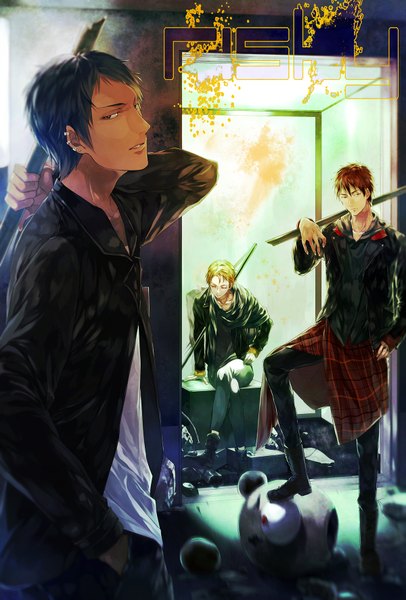 Anime picture 1200x1773 with kuroko no basket production i.g kise ryouta aomine daiki kagami taiga tall image looking at viewer short hair inscription multiple boys teeth crossed legs dark skin looking down hand in pocket boy weapon jacket toy 3 boys