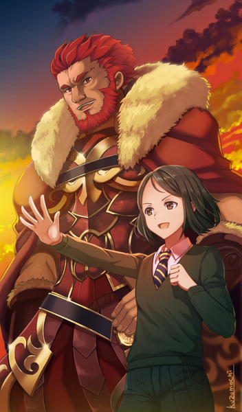 Anime picture 800x1360 with fate (series) fate/zero rider (fate/zero) waver velvet kuzumochi (kuzumochiya) tall image short hair open mouth black hair red eyes brown eyes signed sky cloud (clouds) red hair :d multiple boys fur trim outstretched arm boy