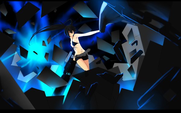 Anime picture 3507x2192 with black rock shooter black rock shooter (character) tan (carbon) single long hair highres blue eyes black hair wide image twintails absurdres scar girl weapon shorts bikini top