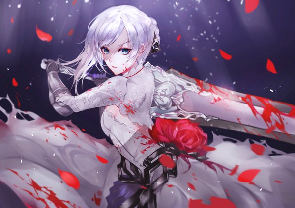 Anime picture 3111x2200 with sinoalice snow white (sinoalice) vardan single long hair looking at viewer fringe highres blue eyes hair between eyes standing holding absurdres white hair long sleeves torn clothes light dark background shaded face fighting stance