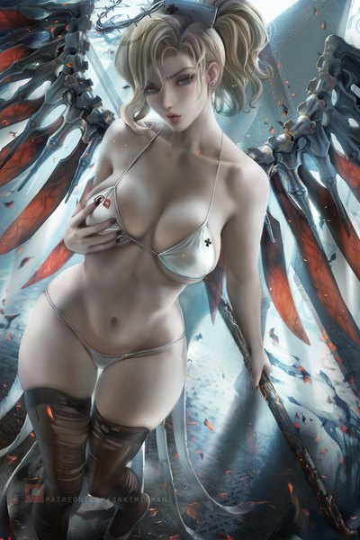 Anime-Bild 2333x3500 mit overwatch blizzard entertainment mercy (overwatch) sakimichan single tall image looking at viewer blush fringe highres short hair breasts blue eyes light erotic blonde hair hair between eyes large breasts standing holding cleavage