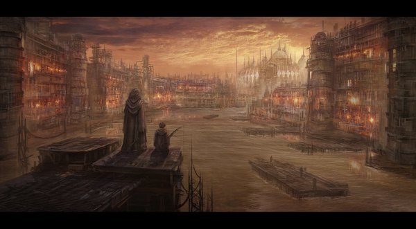 Anime picture 2000x1106 with original alex (artist) highres wide image sitting blurry depth of field torn clothes city evening sunset letterboxed cityscape silhouette river fishing water building (buildings) robe dock