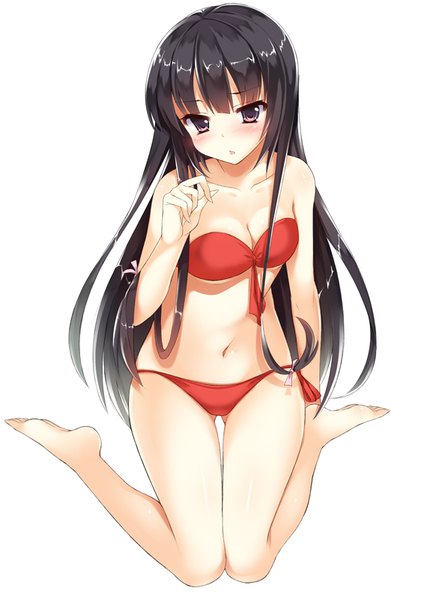 Anime picture 566x800 with boku wa tomodachi ga sukunai mikazuki yozora kawauchi (kaz7ry) single long hair tall image looking at viewer blush breasts light erotic black hair white background purple eyes parted lips kneeling ass visible through thighs girl navel swimsuit bikini