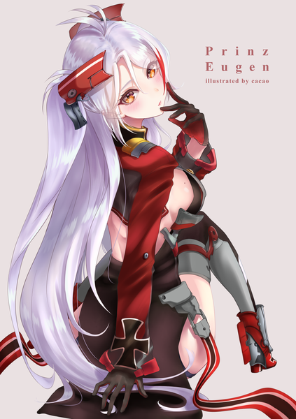 Anime picture 1000x1417 with azur lane prinz eugen (azur lane) cacaofire caocaogelato single long hair tall image looking at viewer blush fringe breasts light erotic simple background hair between eyes large breasts sitting yellow eyes silver hair full body ahoge