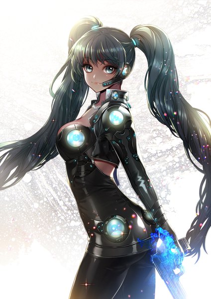 Anime picture 720x1018 with vocaloid hatsune miku eu (euspia) single long hair tall image looking at viewer fringe breasts simple background twintails holding aqua eyes light smile aqua hair outstretched arm glowing weapon girl weapon gun