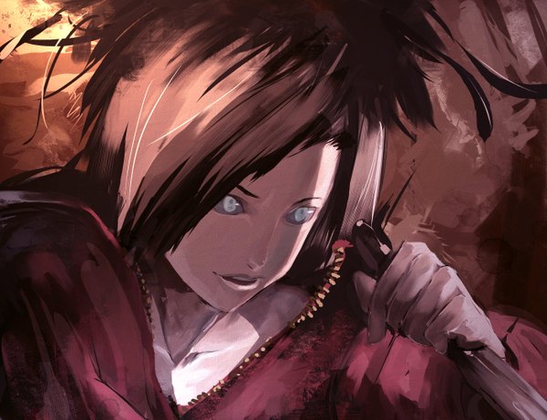 Anime picture 1300x1000 with iridori single short hair brown hair girl sword feather (feathers)