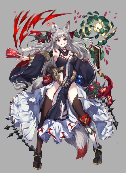 Anime picture 1028x1408 with original haik single long hair tall image looking at viewer fringe breasts simple background smile standing holding animal ears full body tail animal tail pleated skirt grey hair grey background wide sleeves