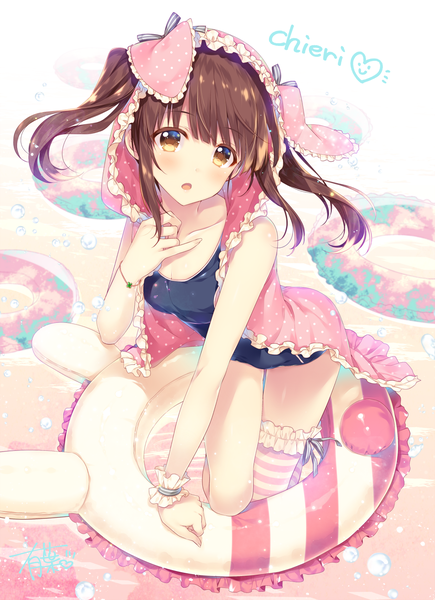 Anime picture 1221x1684 with idolmaster idolmaster cinderella girls ogata chieri alpha (yukai na nakamatachi) single long hair tall image looking at viewer blush fringe open mouth light erotic brown hair twintails signed yellow eyes leaning leaning forward character names kneeling