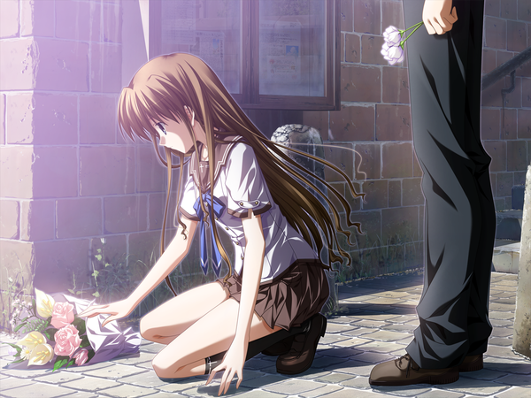 Anime picture 1600x1200 with ef ef a fairy tale of the two shaft (studio) hayama mizuki nanao naru standing sitting street girl boy flower (flowers) bouquet ef the latter tale