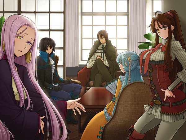 Anime picture 1024x768 with ourai no gahkthun liarsoft steampunk (liarsoft) emily du chatelet josephine march (ourai no gahkthun) florence ameghino nightingale long hair short hair black hair brown hair multiple girls yellow eyes blue hair game cg purple hair ponytail multiple boys heterochromia crossed legs girl