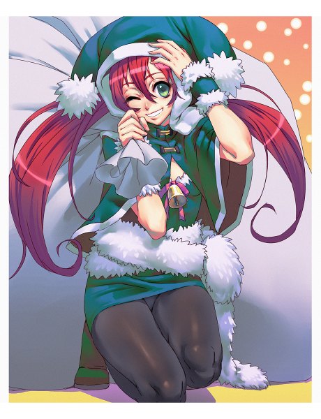 Anime picture 920x1200 with original cozy single long hair tall image looking at viewer light erotic smile twintails green eyes red hair one eye closed wink teeth pantyshot kneeling christmas hand on head girl dress