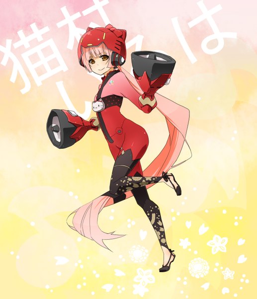 Anime picture 1304x1512 with hello kitty vocaloid sanrio nekomura iroha catgirl0926 single long hair tall image looking at viewer breasts standing animal ears yellow eyes pink hair ponytail light smile cat ears inscription flat chest girl