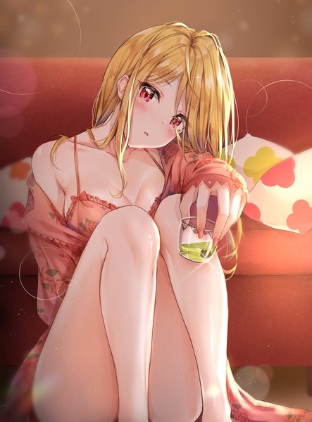 Anime picture 1500x2028 with idolmaster idolmaster million live! momose rio cuna (qunya) single long hair tall image looking at viewer blush fringe breasts open mouth light erotic blonde hair red eyes sitting cleavage indoors nail polish head tilt
