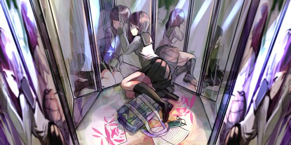 Anime picture 5787x2894 with original fujita (condor) long hair fringe highres black hair wide image sitting purple eyes absurdres long sleeves pleated skirt from above reflection reclining crying girl skirt uniform school uniform