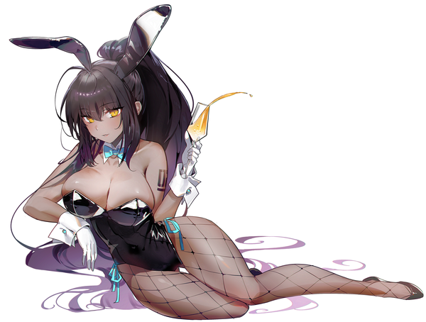 Anime picture 5290x4000 with blue archive karin (blue archive) karin (bunny) (blue archive) moko (moko/moko) single fringe highres breasts light erotic black hair simple background hair between eyes large breasts white background animal ears yellow eyes absurdres full body ponytail very long hair
