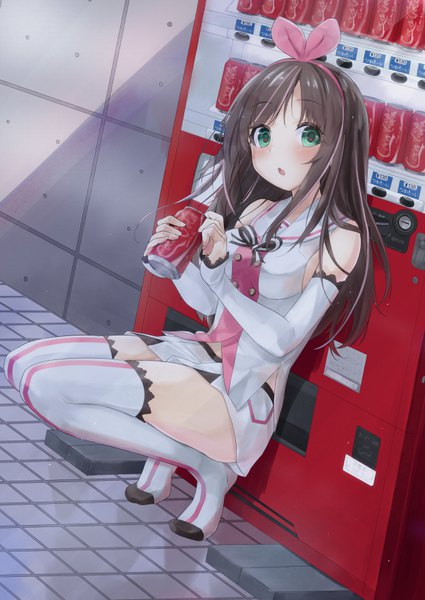 Anime picture 623x880 with virtual youtuber a.i. channel coca-cola kizuna ai denroku (nokishita no katatsumuri) single long hair tall image looking at viewer blush fringe open mouth brown hair bare shoulders holding green eyes multicolored hair two-tone hair :o leaning