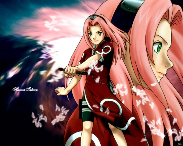 Anime picture 1280x1024 with naruto studio pierrot naruto (series) haruno sakura long hair looking at viewer standing holding green eyes looking away pink hair profile light smile wind character names outstretched arm multiview girl weapon petals