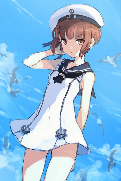 Anime picture 667x1000 with kantai collection z3 destroyer (max schultz) dakuro single tall image looking at viewer fringe short hair brown hair brown eyes sky cloud (clouds) aqua eyes wind from below arm behind back adapted costume girl beret sailor suit
