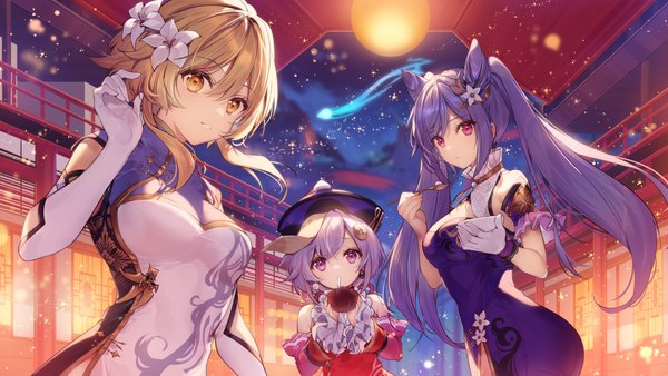 Anime picture 1500x844 with genshin impact keqing (genshin impact) lumine (genshin impact) qiqi (genshin impact) necomi (gussan) long hair looking at viewer fringe short hair blonde hair smile hair between eyes wide image standing purple eyes twintails multiple girls holding yellow eyes payot