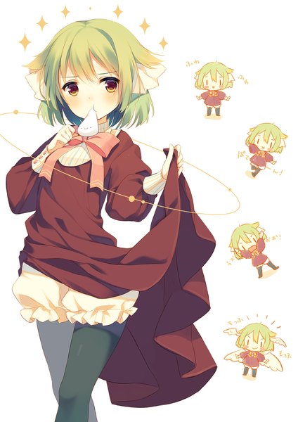 Anime picture 850x1202 with original yamucha single tall image looking at viewer blush short hair holding yellow eyes green hair mouth hold chibi solid eyes girl dress knickers