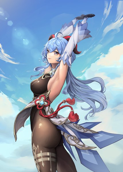 Anime picture 2500x3493 with genshin impact ganyu (genshin impact) whyingre single long hair tall image looking at viewer blush fringe highres breasts light erotic smile hair between eyes large breasts standing purple eyes blue hair sky cloud (clouds)