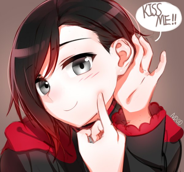 Anime picture 1175x1098 with rwby rooster teeth ruby rose ndgd (bean1215) single looking at viewer blush fringe short hair black hair simple background smile hair between eyes signed upper body long sleeves text adjusting hair happy close-up