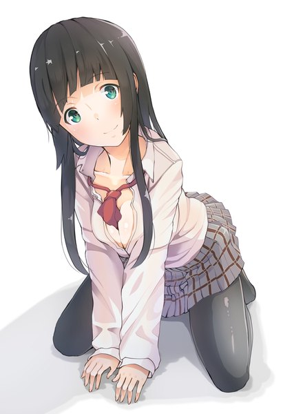 Anime picture 1191x1684 with flying witch j.c. staff kowata makoto toketou single long hair tall image looking at viewer blush fringe breasts light erotic black hair simple background smile white background green eyes cleavage bent knee (knees) blunt bangs