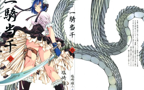 Anime picture 1920x1201 with ikkitousen highres light erotic wide image blue hair looking back inscription bandage over one eye lace-up boots gloves ribbon (ribbons) belt thigh strap dragon blade