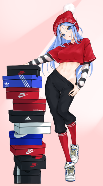Anime picture 1108x2000 with original nike adidas new balance minah (chaesu) chaesu single long hair tall image looking at viewer breasts open mouth blue eyes blue hair full body long sleeves head tilt :o midriff pink background