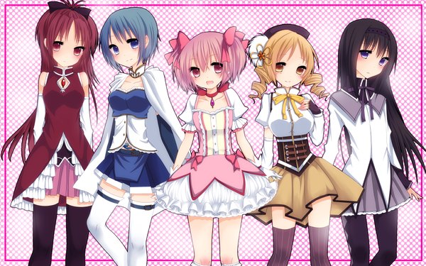 Anime picture 1920x1200 with mahou shoujo madoka magica shaft (studio) akemi homura kaname madoka sakura kyouko miki sayaka tomoe mami long hair blush highres short hair blue eyes black hair blonde hair red eyes wide image purple eyes multiple girls yellow eyes blue hair