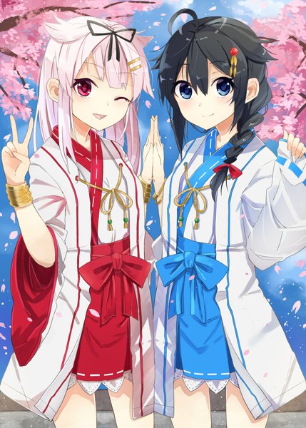 Anime picture 1554x2174 with kantai collection shigure destroyer yuudachi destroyer taiki (ozone) long hair tall image looking at viewer open mouth blue eyes black hair smile red eyes multiple girls sky ahoge white hair braid (braids) traditional clothes japanese clothes one eye closed