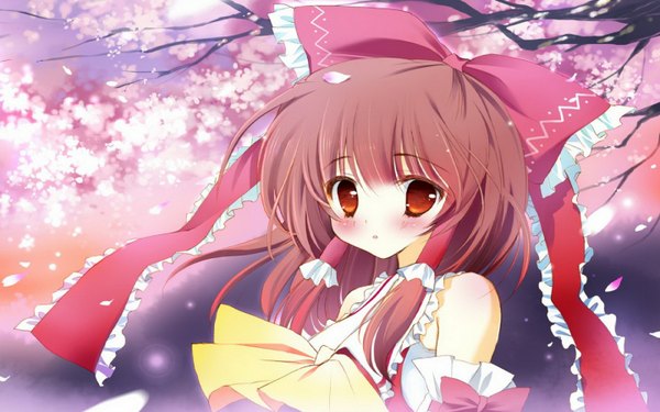 Anime picture 1440x900 with touhou hakurei reimu long hair blush brown hair wide image brown eyes japanese clothes girl bow hair bow