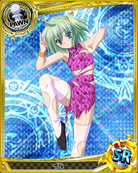 Anime picture 640x800 with highschool dxd single tall image looking at viewer short hair blue eyes light erotic traditional clothes green hair torn clothes chinese clothes card (medium) girl thighhighs white thighhighs chinese dress