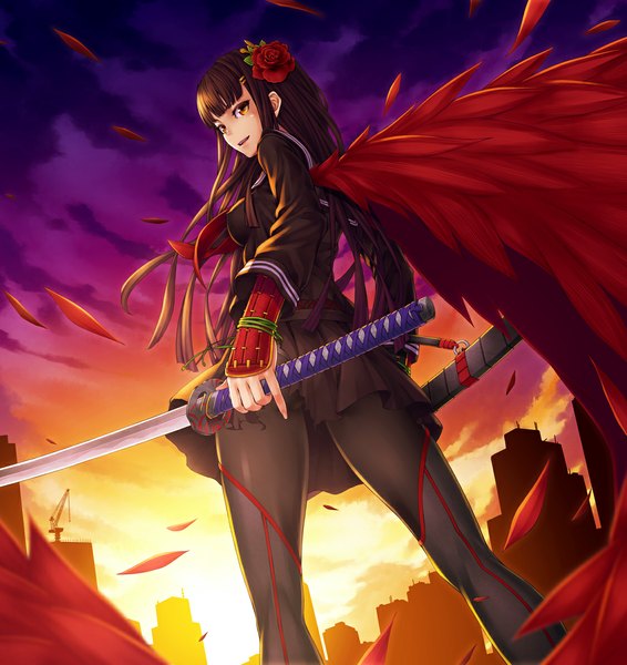 Anime picture 1124x1193 with original aka (shoumae) single long hair tall image black hair red eyes looking back hair flower torn clothes evening sunset girl hair ornament weapon sword wings katana