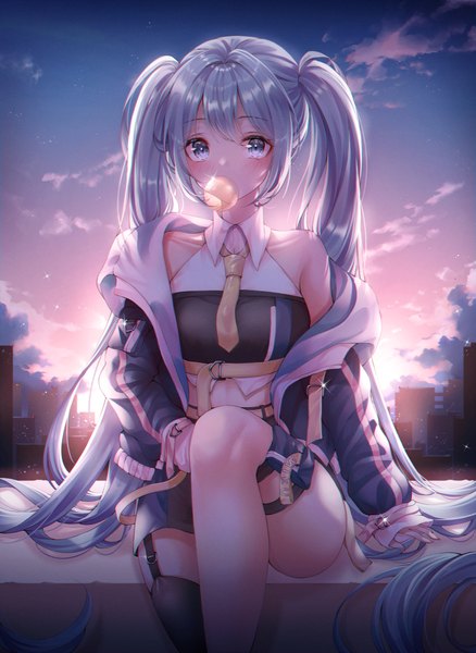 Anime picture 2480x3400 with vocaloid hatsune miku pippin sol single tall image looking at viewer blush fringe highres blue eyes sitting twintails payot blue hair sky cloud (clouds) bent knee (knees) outdoors very long hair nail polish