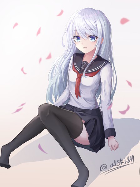 Anime picture 2850x3818 with kantai collection hibiki destroyer verniy destroyer sye single long hair tall image looking at viewer blush fringe highres breasts blue eyes simple background hair between eyes sitting signed silver hair full body bent knee (knees)