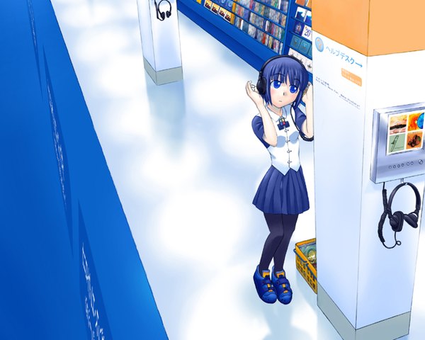 Anime picture 1280x1024 with os-tan windows (operating system) 98-tan (hacchan) single short hair blue eyes standing blue hair looking away full body pleated skirt from above girl skirt pantyhose shoes headphones black pantyhose sneakers shop