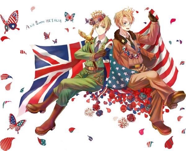 Anime picture 1200x980 with axis powers hetalia studio deen united kingdom (hetalia) america (hetalia) anko kinako blush short hair blue eyes blonde hair simple background white background sitting green eyes ahoge inscription multiple boys boy gloves uniform flower (flowers)