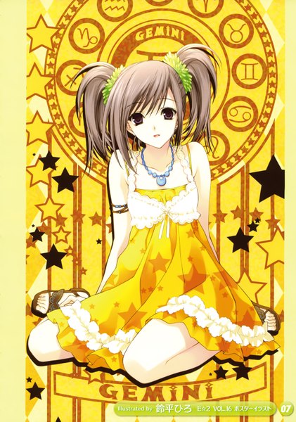 Anime picture 2444x3486 with original suzuhira hiro single long hair tall image looking at viewer highres open mouth brown hair sitting twintails brown eyes scan yellow background zodiac gemini (zodiac) girl dress choker bracelet