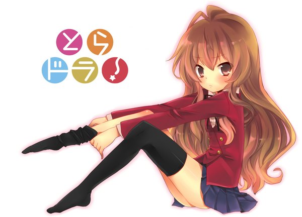 Anime picture 2000x1442 with toradora j.c. staff aisaka taiga yumemomosaka single long hair blush highres brown hair white background brown eyes girl thighhighs skirt uniform black thighhighs school uniform miniskirt