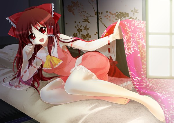 Anime picture 1403x992 with touhou hakurei reimu light erotic red eyes red hair girl