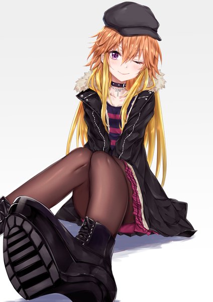 Anime picture 1158x1637 with idolmaster idolmaster cinderella girls ninomiya asuka coffeedog single long hair tall image looking at viewer blush fringe light erotic simple background blonde hair smile hair between eyes white background sitting purple eyes payot one eye closed