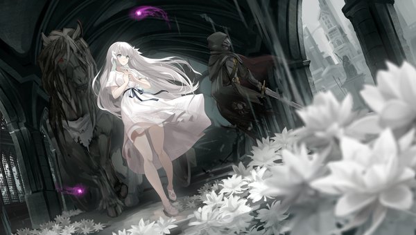 Anime picture 2400x1358 with ender lilies quietus of the knights lily (ender lilies) umbral knight noir socery777 long hair fringe highres blue eyes wide image standing holding looking away full body white hair wind blurry from below short sleeves dutch angle interlocked fingers