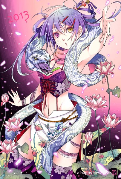 Anime picture 1181x1748 with original iria (yumeirokingyo) single long hair tall image purple hair heterochromia girl thighhighs navel hair ornament flower (flowers) petals hairclip snake