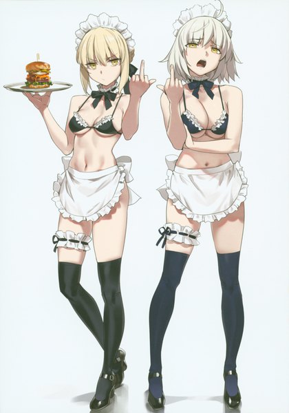 Anime picture 8468x12092 with fate (series) fate/grand order artoria pendragon (all) jeanne d'arc (fate) (all) jeanne d'arc alter (fate) saber alter artoria pendragon (alter swimsuit rider) (fate) yd (orange maru) orange maru tall image looking at viewer fringe highres short hair breasts open mouth light erotic blonde hair simple background hair between eyes